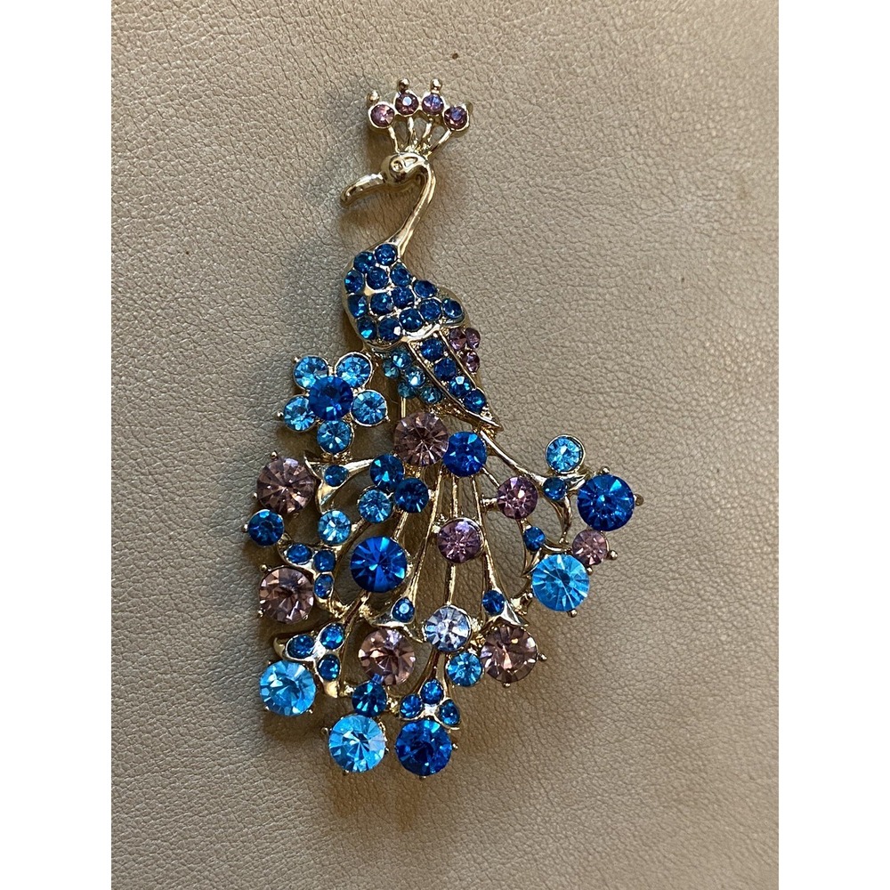 Anne Klein Rhinestone Peacock /Flower Brooch Not Signed Blues & Purple Bird